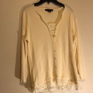 Cream colored faux button down with white lace detail